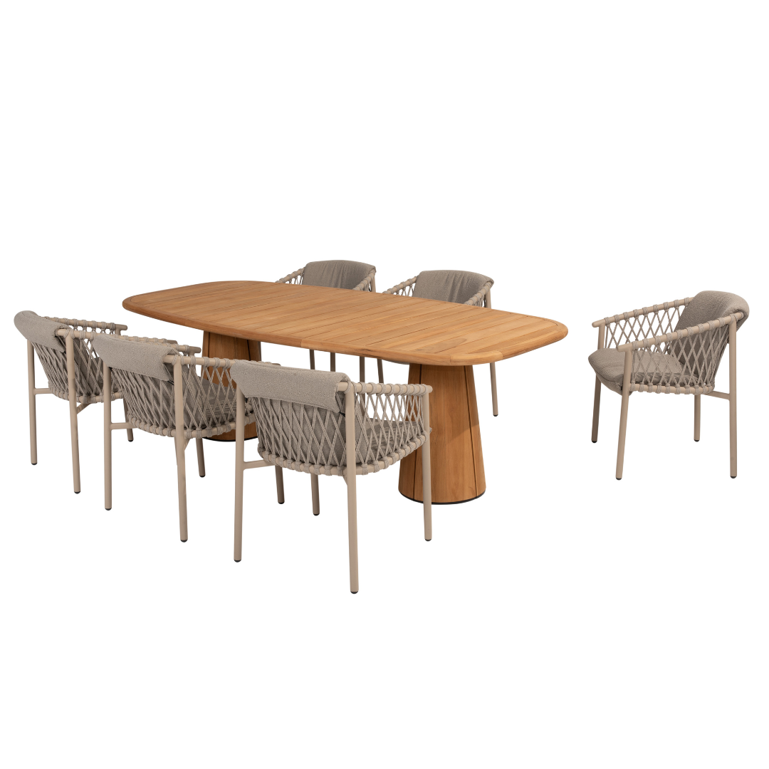 Tuinset Allora Latte | Eettafel Capri Barrel | 6x Eetstoel Allora Latte