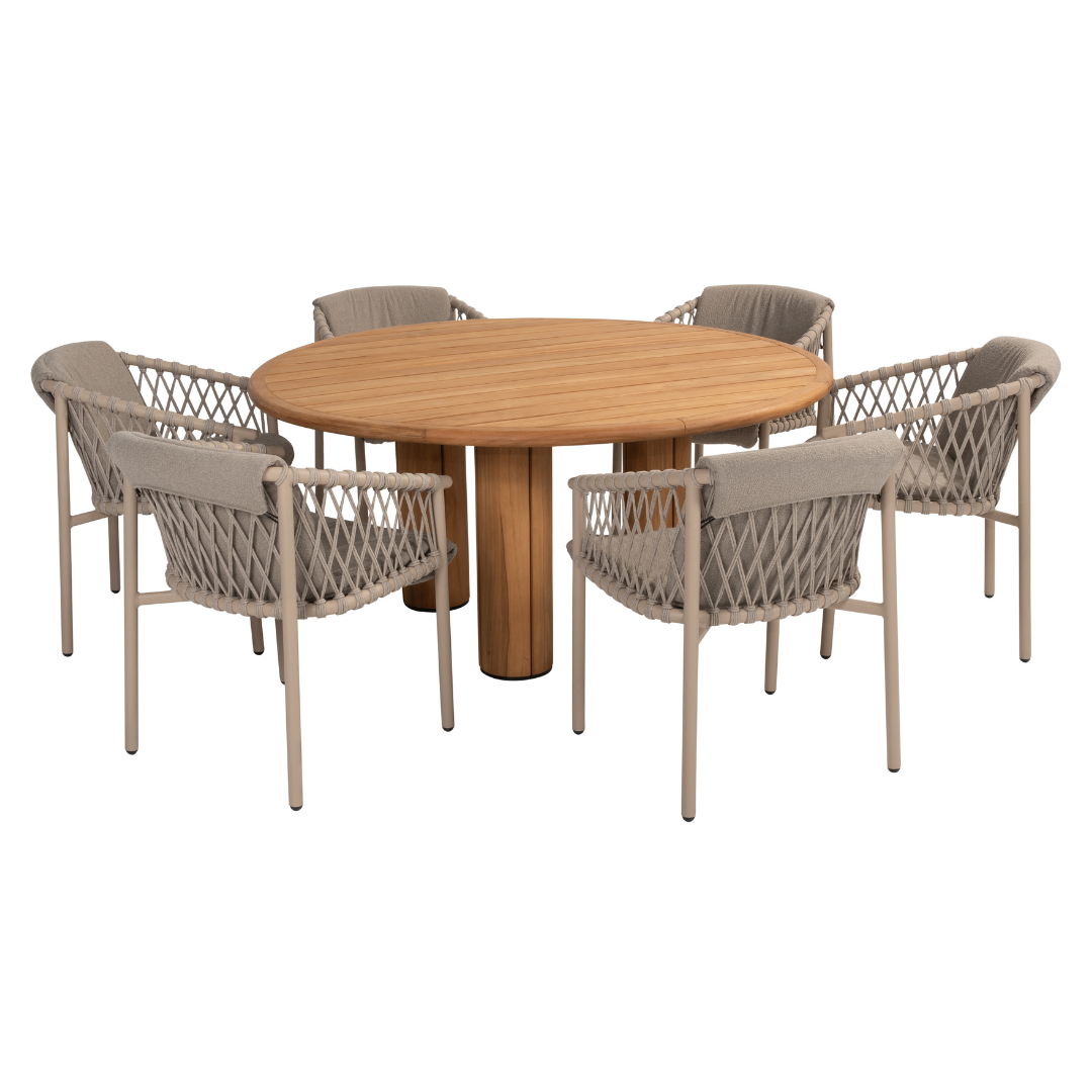 Tuinset Allora Latte | Eettafel Corsica Rond | 6x Eetstoel Allora Latte