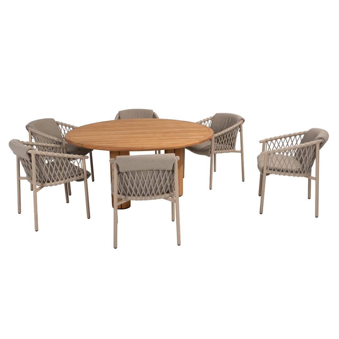 Tuinset Allora Latte | Eettafel Corsica Rond | 6x Eetstoel Allora Latte
