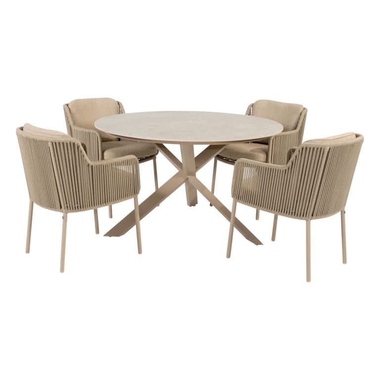 Tuinset Bernini Latte | Eettafel Prado Ø130cm | 4x Eetstoel Bernini Latte