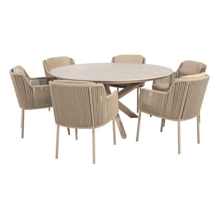 Tuinset Bernini Latte | Eettafel Prado Ø160cm | 6x Eetstoel Bernini Latte