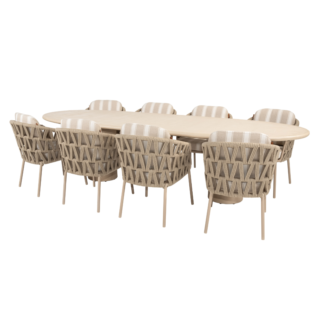 Tuinset Beverly Latte | Eettafel Hampton 300cm | 8x Eetstoel Beverly