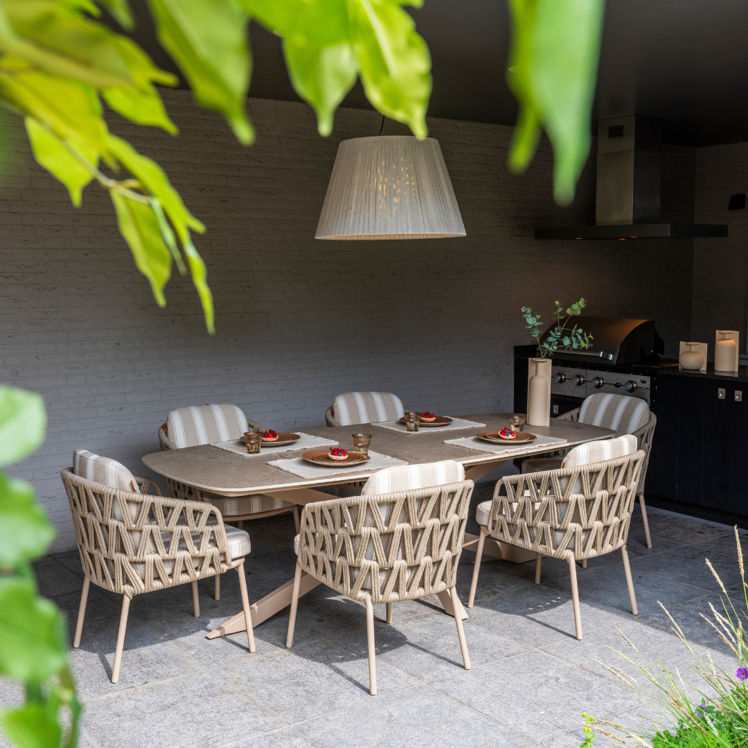 Tuinset Beverly Latte | Eettafel Prado 300cm | 6x Eetstoel Beverly
