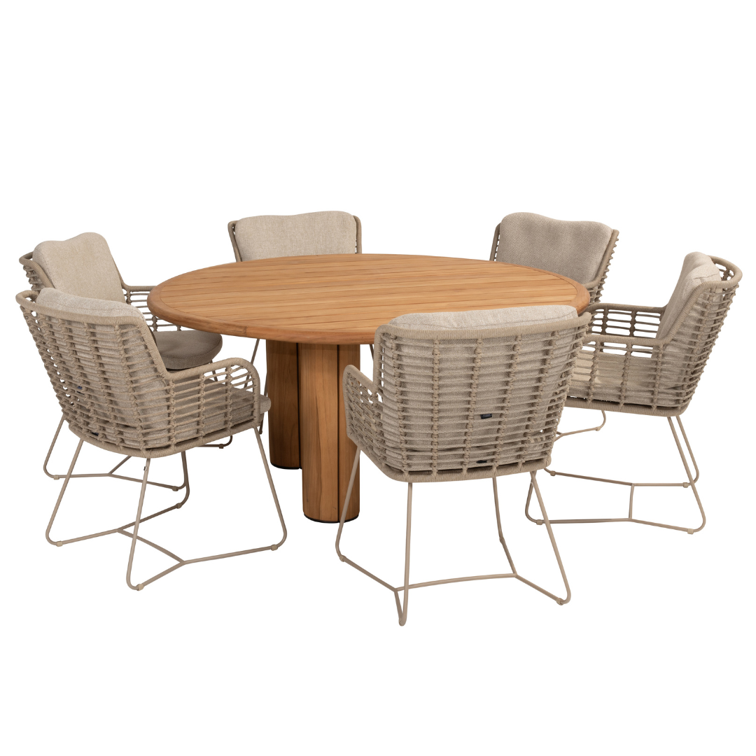 Tuinset Fabrice | Eettafel Corsica Rond | 6x Eetstoel Fabrice Latte