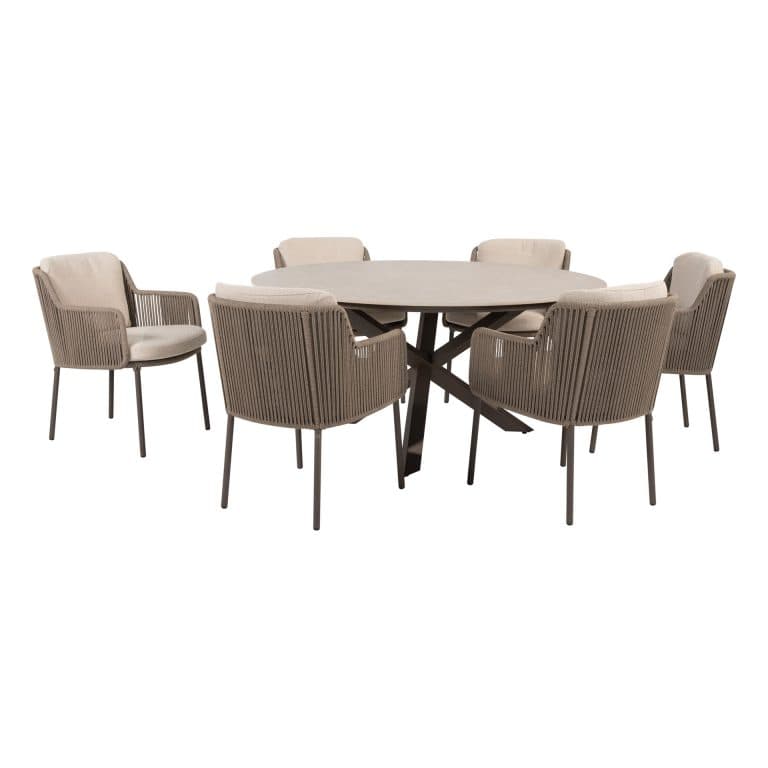 Tuinset Bernini Terre | Eettafel Prado Rond | 6x Eetstoel Bernini Terre