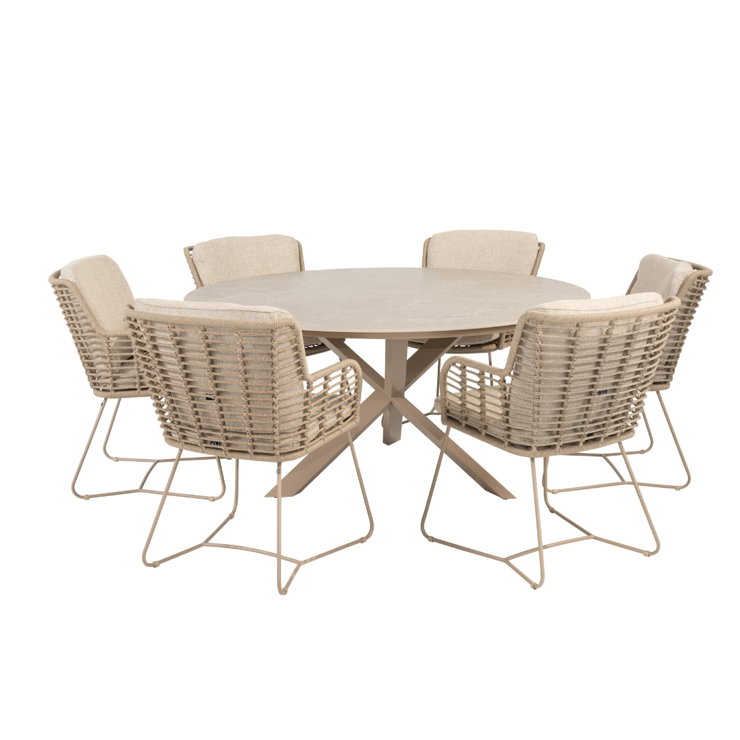 Tuinset Fabrice | Eettafel Prado Rond | 6x Eetstoel Fabrice Latte